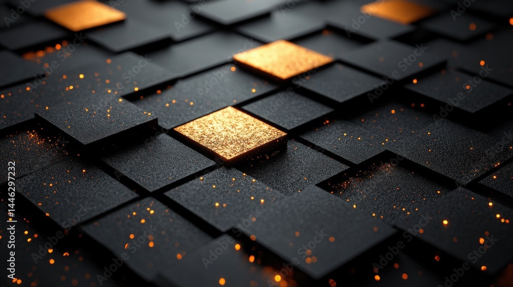 Poster abstract composition with textured black squares and sparkling golden elements