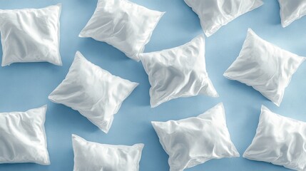 Obraz premium Fluffy white pillows on soft light blue background creating calm and cozy atmosphere