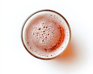 close-up flat lay of beer glass filled with amber brew and frothy bubbles, perfect round shape on white background