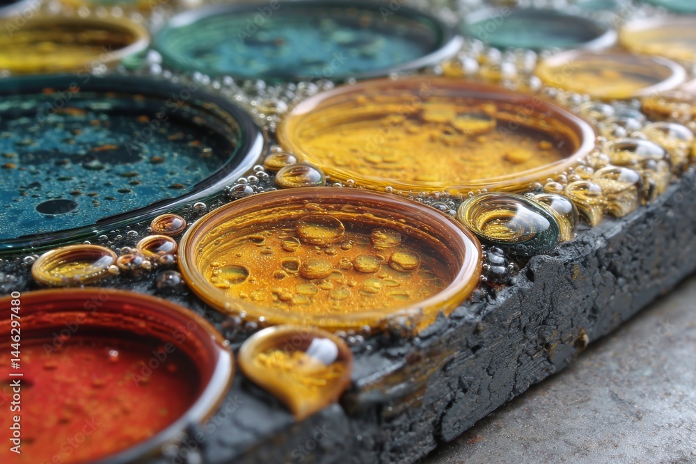 Poster close-up view of multicolored liquid filled circular containers on textured dark wood surface, creat