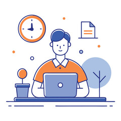 Flat Design Male Using Laptop with Clock, Plant, Tree, Document, Orange, Blue Tones