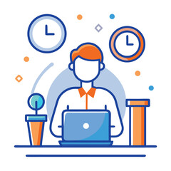 Minimalist of Person at Laptop with Clocks in Blue, Orange, and White