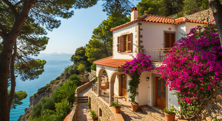 Fototapeta premium Picturesque Seaside Villa Adorned With Bougainvillea Flowers In A Serene Coastal Setting