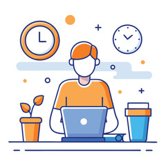 Faceless Person Using Laptop with Clocks, Potted Plant, Coffee Cup, Blue and Orange