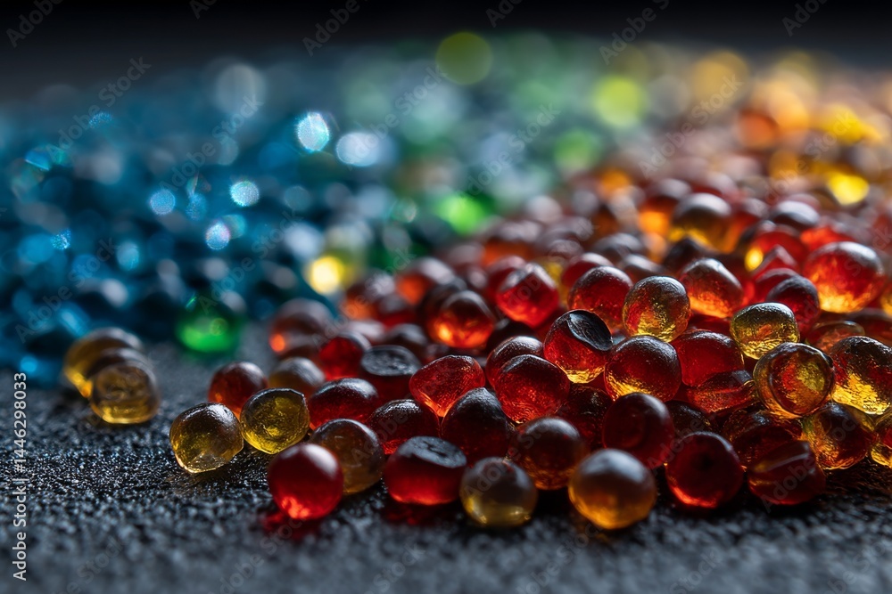 Poster a pile of translucent spheres in gradient colors across surface showing depth and dimension under li