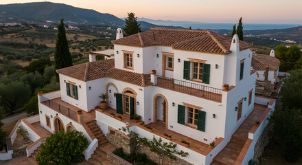 Obraz premium Stunning Spanish Villa With Terracotta Roof Tiles Overlooking Rolling Hills