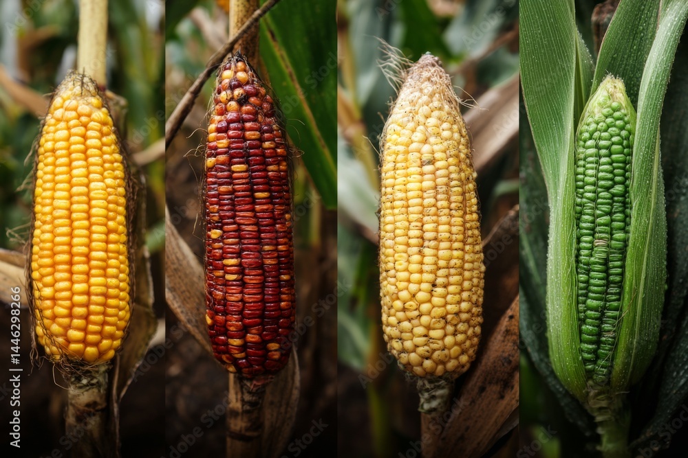 Poster vibrant ears of corn showcase different varieties in a field setting with close-up detail of kernels