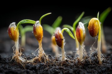 Emergence of New Life: Germinating Seeds Sprouting in Dark Soil with Visible Roots and Cotyledons with Droplets