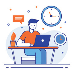 Flat Design Male using Laptop at Desk with Clock, Lightbulb, & Speech Bubble