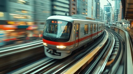 Obraz premium High-speed train navigating urban cityscape with motion blur