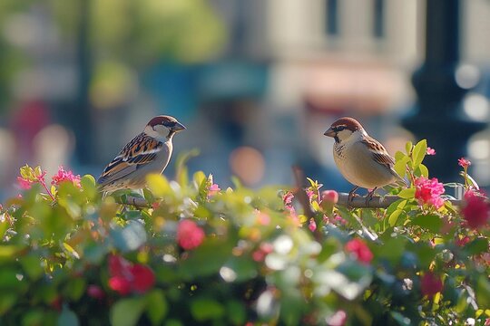 Sparrows perched on flowering shrubs in a busy city street, adding charm to the urban landscape
