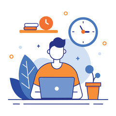 Cartoon Man with Laptop, Flat Design, Blue Accents, White Background, Plant, Clock, Books