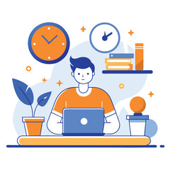 Cartoon Man Using Laptop With Plants, Clocks & Books On Desk Flat Art