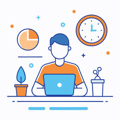 Linear Abstract Man Using Laptop with Clock, Chart, and Plant Elements on White