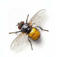 A detailed close-up of a yellow and black fly with transparent wings on a white background.