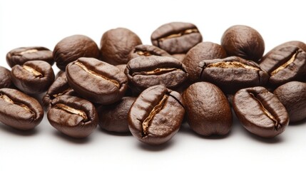 Naklejka premium A pile of roasted coffee beans on a white background, showing their rich brown color and smooth, glossy texture.