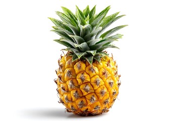 Fototapeta premium Fresh pineapple isolated on a white background, symbolizing tropical fruit with spiky skin and green leaves, perfect for healthy eating.