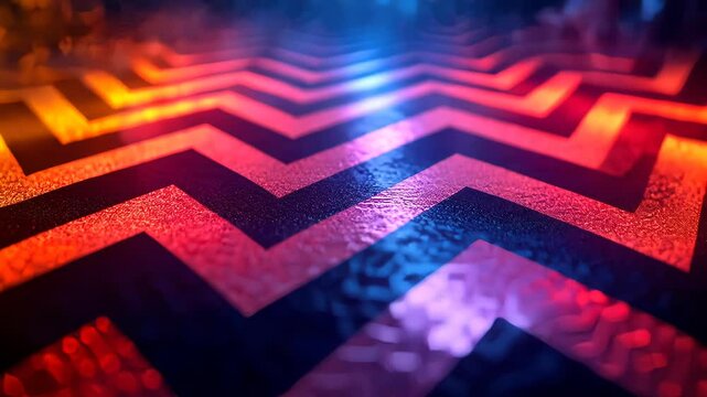 Glowing red, orange, and yellow zigzag patterns on a textured floor, enhanced by dramatic colored lighting, perfect for abstract or futuristic design concepts