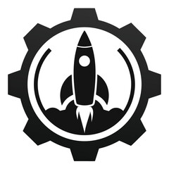 Black and White Rocket Launching Icon with Cogwheel Frame. Silhouette Design