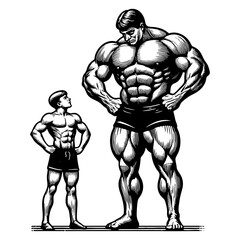 Fototapeta premium skinny young man facing massively muscular bodybuilder, symbolizing transformation, strength, and fitness goals sketch engraving generative ai PNG illustration. Scratch board. Black and white image