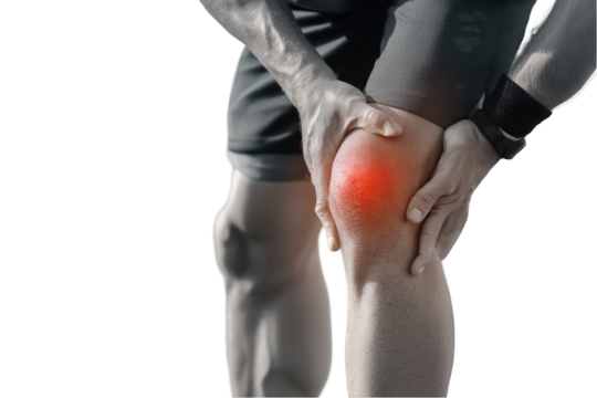 Man holding his painful injured knee suffering from inflammation leg body on transparent background
