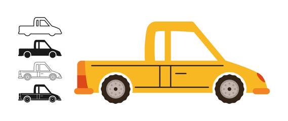 Pickup Car icon symbol cartoon set. Hand drawn cute automobile car in multiple styles colored silhouette, outline collection. Simple children funny auto pickup truck transport icon vector illustration