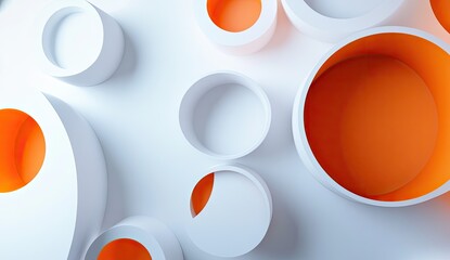 Abstract geometric shapes, white and orange circles and cylinders, overlapping in a pattern on a light background.  Detailed arrangement of hollow forms