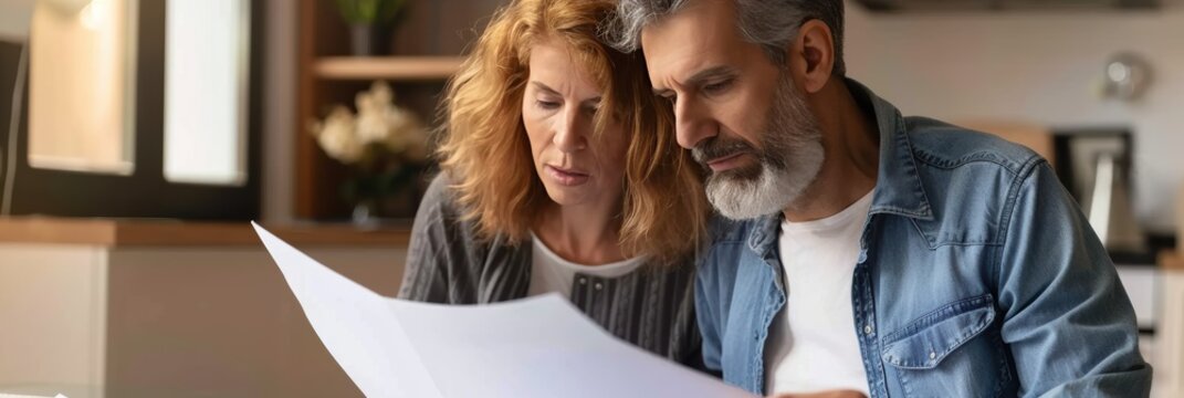 Mid adult couple reviewing insurance policy and loan terms, concerned with details
