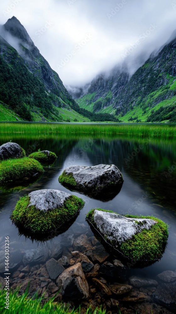 Poster a beautiful lake with mountains in the background and some rocks floating in the water. the scene is