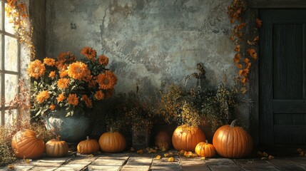 Rustic autumnal porch scene with pumpkins and sunflowers