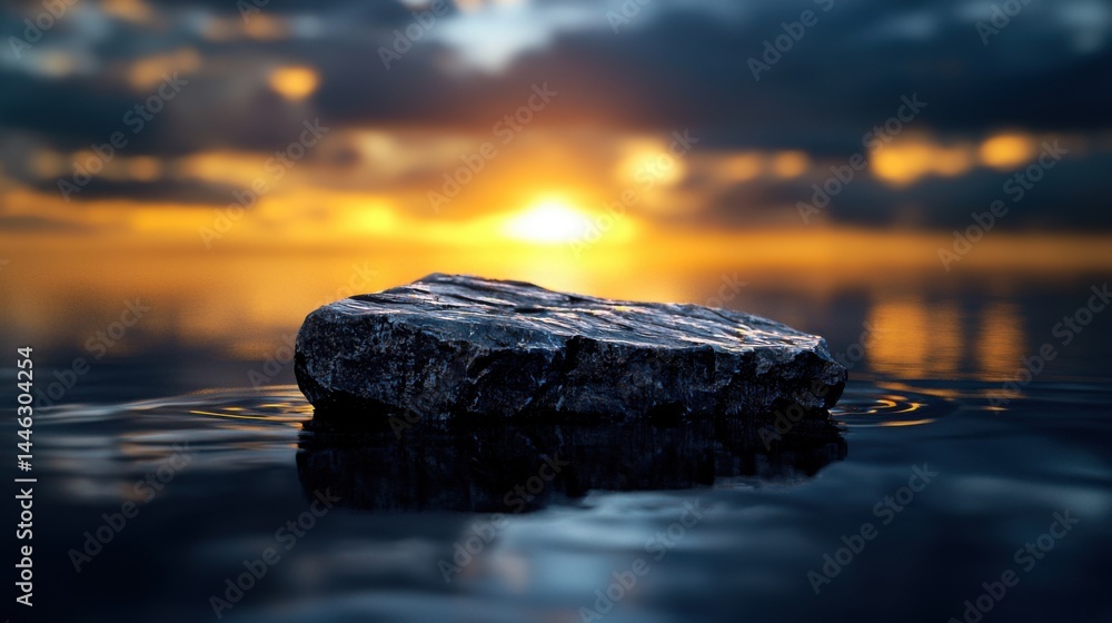 Aufkleber a rock is floating in the water with the sun setting in the background. the image has a serene and p
