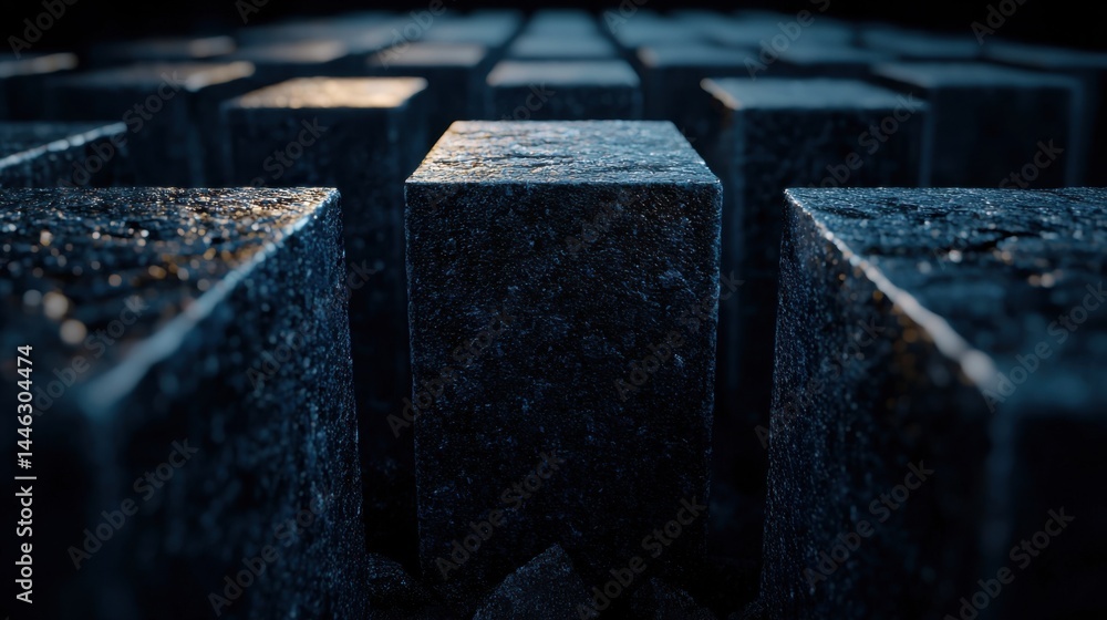 Poster a close up of a black cube with a white spot on it. the cube is surrounded by other cubes, creating 