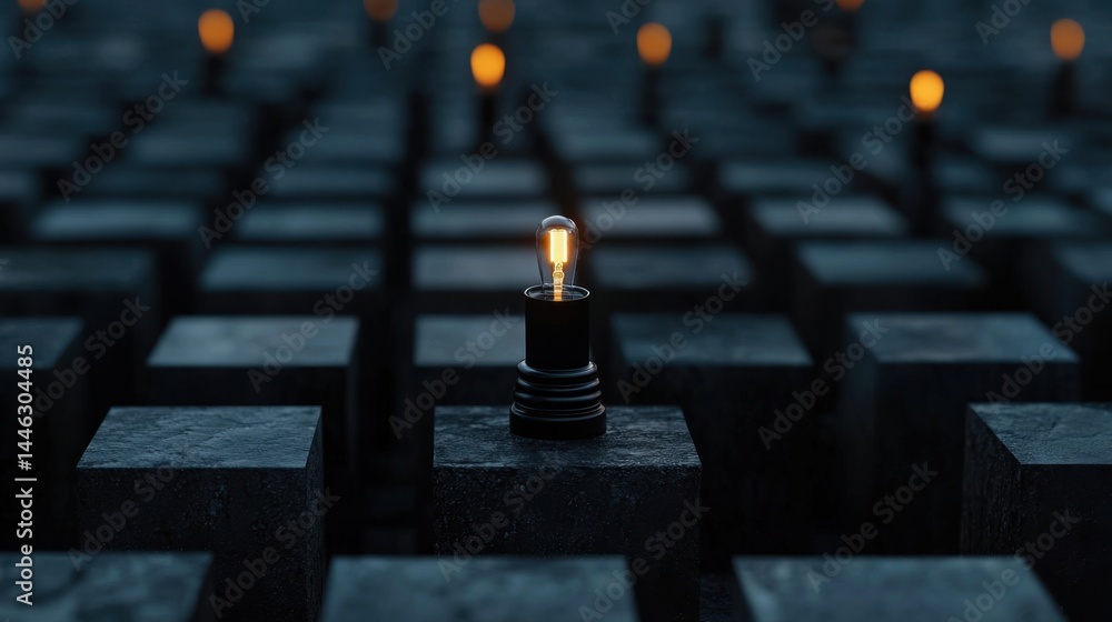 Poster a single light bulb is lit up in a dark room. the light bulb is surrounded by many black cubes, crea