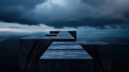 A bridge made of stone is shown in the sky with a storm in the background. Scene is dark and ominous, with the storm clouds looming overhead. The bridge appears to be a symbol of isolation