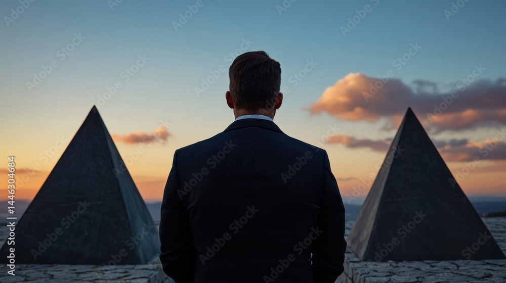 Poster a man in a suit stands in front of two pyramids, looking up at the sky. the scene is serene and peac