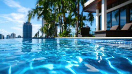 Fototapeta premium A pool with a city skyline in the background. The water is calm and clear. The pool is surrounded by palm trees