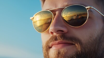 A man with a beard and sunglasses on his face. The sunglasses are gold and reflect the sun