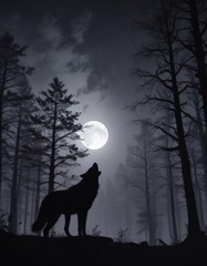 Silhouetted wolf against moonlit, leafless forest ,  magical,  animal,  sky