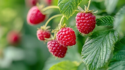 Vibrant red raspberries on green bush with focused detail and natural color