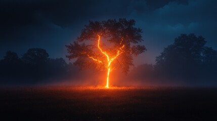 Obraz premium Glowing tree in foggy night field; mystical nature scene