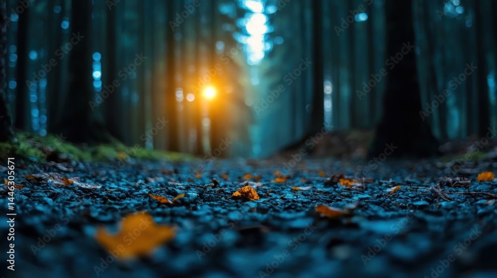 Poster a forest with a path and a tree with a light shining on it. the light is orange and the forest is da