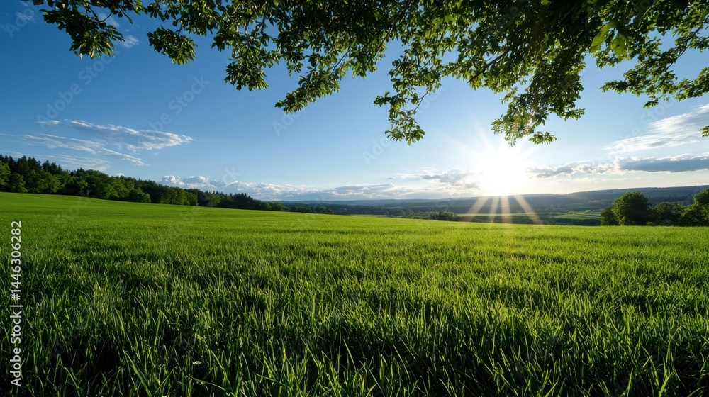 Poster a large field of grass with a tree in the middle. the sun is shining brightly, creating a warm and i