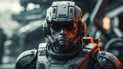 Fototapeta premium A stern soldier in advanced armor and a respirator mask looks towards the camera.