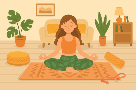 woman meditating at home, orange and green clip art preview