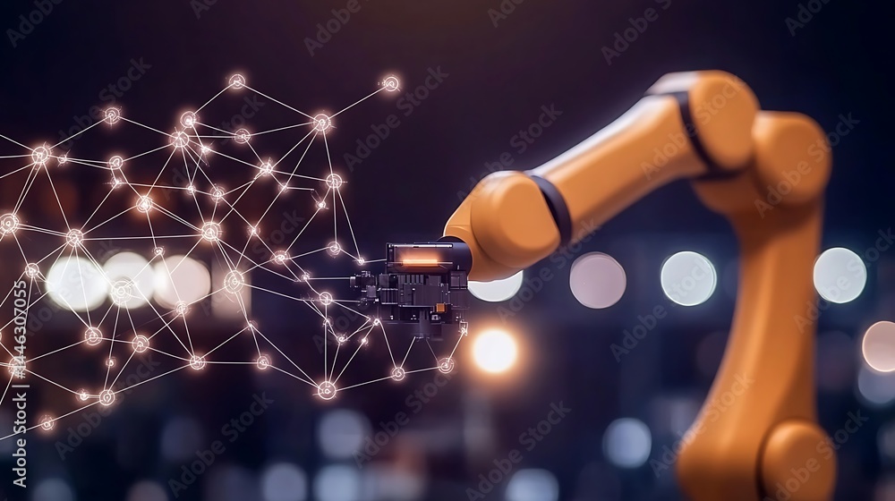 Poster modern robotic arm interacting with a complex network.