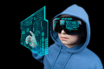A young girl wearing a blue hooded sweatshirt and AR smart glasses interacts with a glowing blue holographic display. Set against a dark background, emphasizing the futuristic technology