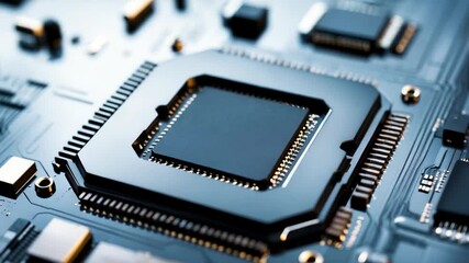 Detailed close-up of a CPU microchip with focus on electronic components