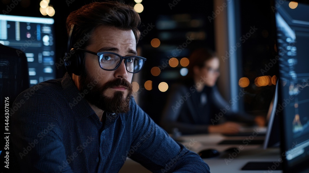 Aufkleber a man wearing glasses and a beard is sitting at a desk with a computer monitor in front of him. he i