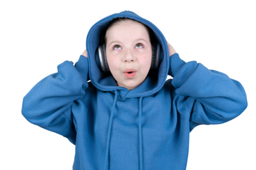 A young girl wearing a blue hooded sweatshirt and headphones reacts with surprise, looking up with wide eyes and an open mouth. Shot against a transparent backdrop