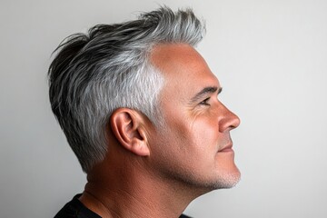 Obraz premium Pure white solid background. A classic beauty man with timeless elegance. Modish men's pompadour haircut - midlife white man with hair. Layout of style for aging men.